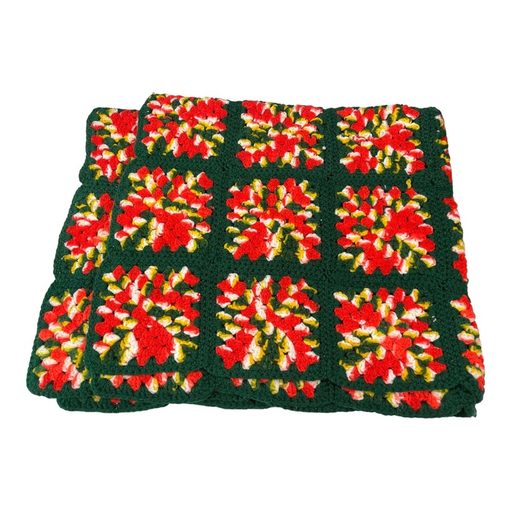 76x38 Green Red Crochet‎ Granny Square Afghan Blanket Vintage Cottagecore Retro